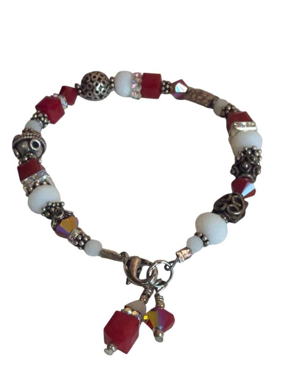 Handmade Red & White Beaded Bracelet Dainty Intricate Sparkly Boho Gift